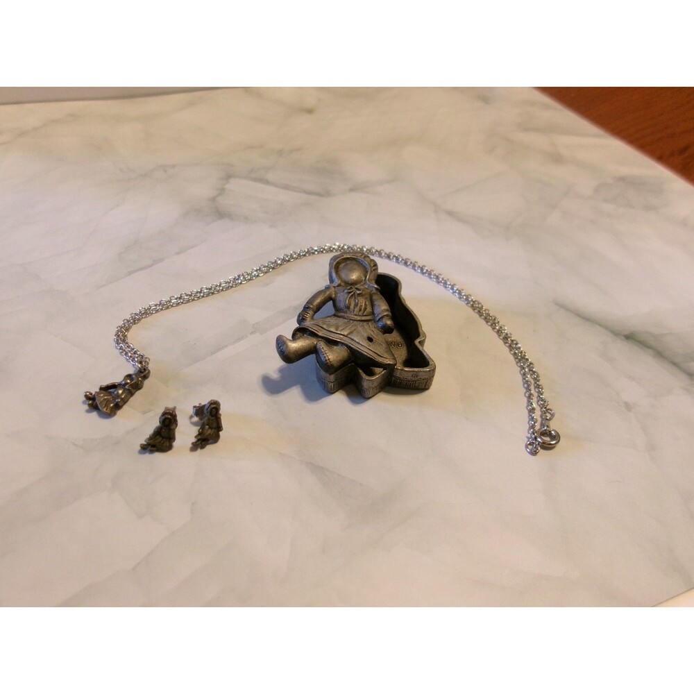 Vintage Pewter Torino Rag Doll Trinket Box with Pin Lid, Earrings and Necklace